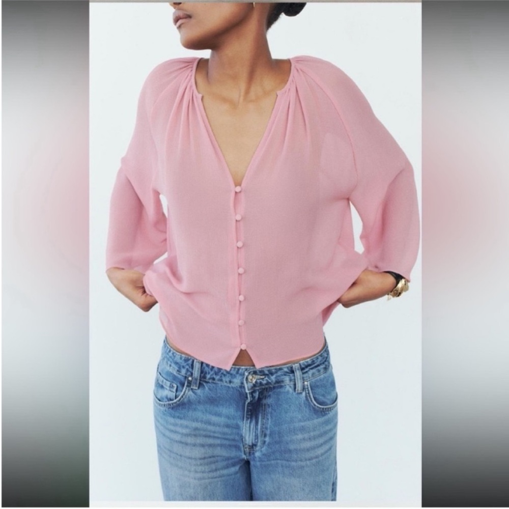 Zara, chalk pink, SEMI-SHEER BLOUSE, large